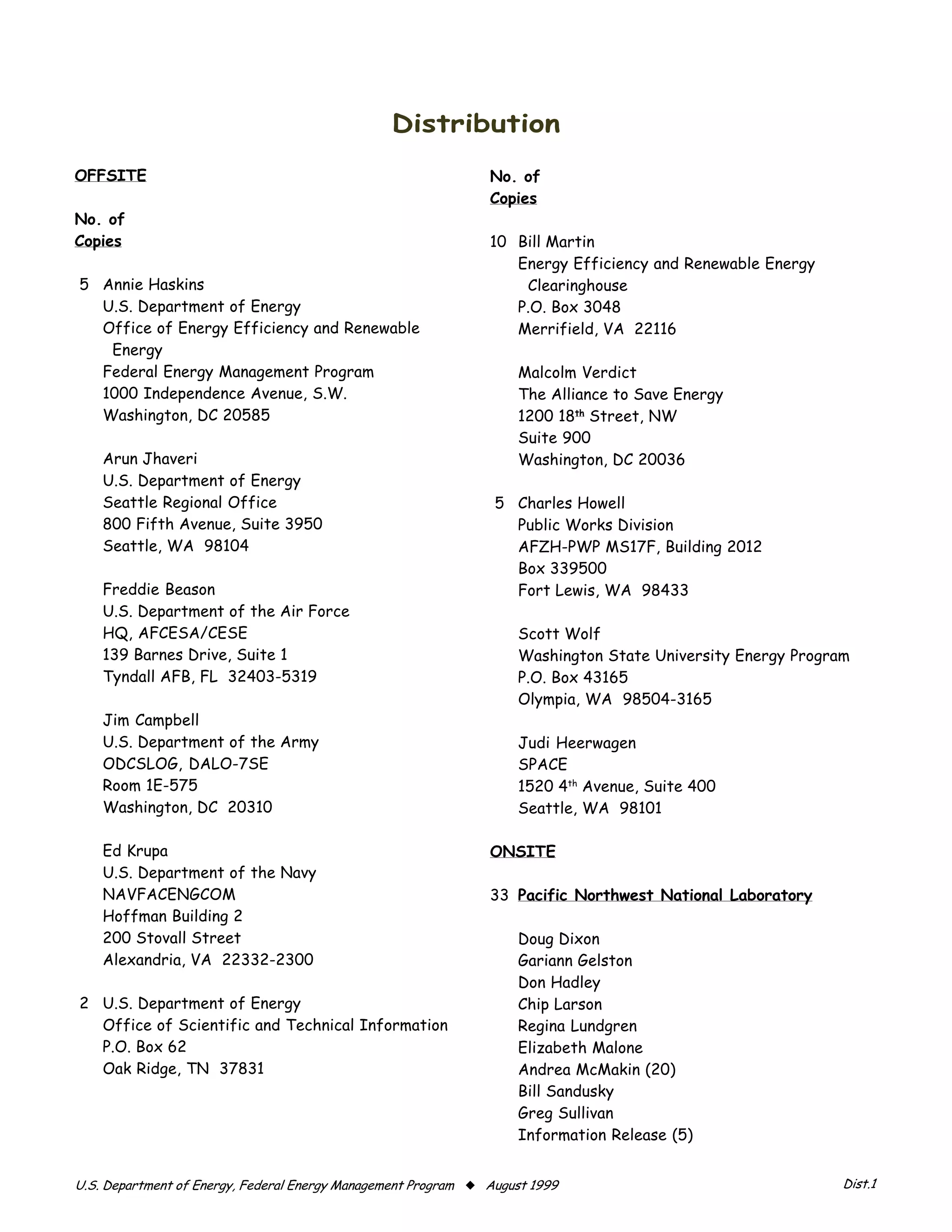 ������������

�������                                                         ������
                                                                ������
������
������                                                          10 Bill Martin
                                                                   Energy Efficiency and Renewable Energy
5	 Annie Haskins                                                    Clearinghouse
   U.S. Department of Energy                                       P.O. Box 3048

   Office of Energy Efficiency and Renewable                       Merrifield, VA 22116

    Energy

   Federal Energy Management Program
                                Malcolm Verdict

   1000 Independence Avenue, S.W.
                                   The Alliance to Save Energy

   Washington, DC 20585
                                             1200 18�� Street, NW

                                                                     Suite 900

    Arun Jhaveri                                                     Washington, DC 20036

    U.S. Department of Energy

    Seattle Regional Office
                                     5	 Charles Howell
    800 Fifth Avenue, Suite 3950
                                   Public Works Division
    Seattle, WA 98104
                                              AFZH-PWP MS17F, Building 2012
                                                                    Box 339500
    Freddie Beason                                                  Fort Lewis, WA 98433
    U.S. Department of the Air Force

    HQ, AFCESA/CESE
                                                 Scott Wolf
    139 Barnes Drive, Suite 1
                                       Washington State University Energy Program
    Tyndall AFB, FL 32403-5319
                                      P.O. Box 43165

                                                                     Olympia, WA 98504-3165

    Jim Campbell
    U.S. Department of the Army
                                     Judi Heerwagen

    ODCSLOG, DALO-7SE
                                               SPACE

    Room 1E-575
                                                     1520 4�� Avenue, Suite 400

    Washington, DC 20310
                                            Seattle, WA 98101


    Ed Krupa                                                    ������
    U.S. Department of the Navy

    NAVFACENGCOM
                                               33	 �������������������������������������
    Hoffman Building 2

    200 Stovall Street
                                              Doug Dixon
    Alexandria, VA 22332-2300
                                       Gariann Gelston
                                                                     Don Hadley
2	 U.S. Department of Energy                                         Chip Larson
   Office of Scientific and Technical Information                    Regina Lundgren
   P.O. Box 62
                                                      Elizabeth Malone
   Oak Ridge, TN 37831
                                              Andrea McMakin (20)
                                                                     Bill Sandusky
                                                                     Greg Sullivan
                                                                     Information Release (5)


������������������������������������������������������������� x �����������	                                  ������
 