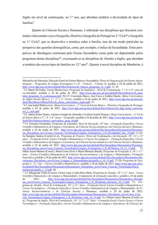 21
Inglês em nível de continuação, no 7.º ano, que abordam também a diversidade de tipos de
famílias7
.
Quanto às Ciências Sociais e Humanas, é sobretudo nas disciplinas que discutem con-
teúdos relacionados com a Geografia, História e Geografia de Portugal no 2.º Ciclo8
e Geografia
no 3.º Ciclo9
, que se desenvolve a temática sobre a família, mas de um modo particular na
perspetiva das questões demográficas, como, por exemplo, o índice de fecundidade. Estas pers-
petivas de abordagem continuam pelo Ensino Secundário como pode ser depreendido pelos
programas destas disciplinas10
, excetuando-se as disciplinas de Alemão e Inglês, que abordam
a temática dos novos tipos de famílias no 12.º ano11
. Quanto à novel disciplina de Mandarim, é
Ministério da Educação, Direcção Geral do Ensino Básico e Secundário, Plano de Organização do Ensino-Apren-
dizagem – Programas de Língua Estrangeira I e II – Francês – Volume II, acedido a 24 de junho de 2021,
http://www.dge.mec.pt/sites/default/files/ficheiros/eb_frances_programa_3c_2.pdf, 13, 38
7
Cf. Marta Sá Fialho, Teresa Montes Izco, Programa de Espanhol – Nível de Continuação, 7.º, 8.º e 9.º anos de
escolaridade, acedido a 24 de junho de 2021, http://www.dge.mec.pt/sites/default/files/ficheiros/eb_espa-
nhol_programa_3c_continuacao.pdf, 50; Cf. Conceição Bravo, Ana Cravo e Eulália Duarte, Metas Curriculares
de Inglês Ensino Básico: 1.º, 2.º e 3.º Ciclos, acedido a 24 de junho de 2021, http://www.dge.mec.pt/sites/de-
fault/files/Basico/Metas/ING/eb_metas_curriculares_ingles.pdf, 13.
8
Cf. Ana Isabel Ribeiro et al., Metas Curriculares – 2.º Ciclo do Ensino Básico – História e Geografia de Portugal,
acedido a 24 de junho de 2021, http://www.dge.mec.pt/sites/default/files/ficheiros/eb_hgp_metas_curricula-
res_2_ciclo.pdf.
9
Cf. Adélia Nobre Nunes, António Campar de Almeida e Cristina Castela Nolasco, Metas Curriculares – 3.º Ciclo
do Ensino Básico (7.º, 8.º e 9.º anos) – Geografia, acedido a 24 de junho de 2021, http://www.dge.mec.pt/sites/de-
fault/files/ficheiros/metas_curriculares_geog_eb.pdf.
10
Cf. Sonsoles Fernández, Programa de Espanhol, Nível de Iniciação, 10º Ano – Formação Específica, Cursos
Científico-Humanísticos de Línguas e Literaturas, de Ciências Socioeconómicas e de Ciências Sociais e Humanas,
acedido a 24 de junho de 2021, http://www.dge.mec.pt/sites/default/files/Secundario/Documentos/Documen-
tos_Disciplinas_novo/Curso_Ciencias_Tecnologias/Linguas_Estrangeiras_I_II_III/espanhol_inic_10.pdf, 13; Zé-
lia Sampaio Santos (Coord.) et al., Programa de Francês, Níveis de Continuação e de Iniciação, 10º, 11º e 12º
anos – Formação Geral, Cursos Científico-Humanísticos e Cursos Tecnológicos – Formação Específica, Cursos
Científico-Humanísticos de Línguas e Literaturas, de Ciências Socioeconómicas e de Ciências Sociais e Humanas,
acedido a 24 de junho de 2021, http://www.dge.mec.pt/sites/default/files/Secundario/Documentos/Documen-
tos_Disciplinas_novo/Curso_Ciencias_Tecnologias/Linguas_Estrangeiras_I_II_III/frances_10_11_12.pdf, 72;
Odete Sousa Martins (Coord.), Maria Luísa Alves e Maria Manuela Brazão, Programa de Geografia A, 10.º e 11.º
anos – Cursos Científico-Humanísticos de Ciências Socioeconómicas e de Línguas e Humanidades, Formação
Específica, acedido a 24 de junho de 2021, http://www.dge.mec.pt/sites/default/files/Secundario/Documentos/Do-
cumentos_Disciplinas_novo/Curso_Linguas_e_Humanidades/geografia_a_10_11.pdf, 27-28; Programa de Geo-
grafia C, 12.º ano – Cursos Científico-Humanísticos, acedido a 24 de junho de 2021, http://www.dge.mec.pt/si-
tes/default/files/Secundario/Documentos/Documentos_Disciplinas_novo/Curso_Ciencias_Tecnologias/Docu-
mentos/geografia_c_12.pdf, 44.
11
Cf. Margarida Vilela (Coord.), Carlos Lapa e Lídia Silva Mota, Programa de Alemão, 10.º e 11.º Anos – Curso
Científico-Humanístico de Línguas e Humanidades, Componente de formação específica, acedido a 24 de junho
de 2021, http://www.dge.mec.pt/sites/default/files/Secundario/Documentos/Documentos_Discipli-
nas_novo/Curso_Ciencias_Tecnologias/Linguas_Estrangeiras_I_II_III/alemao_iniciacao_10_11.pdf, 21; Pro-
grama de Alemão, Nível de Continuação, 10.º e 11.º Anos – Formação Geral, Cursos Científico-Humanísticos e
Cursos Tecnológicos – Formação Específica, Cursos Científico-Humanísticos de Línguas e Humanidades, de Ci-
ências Socioeconómicas e de Ciências Sociais e Humanas, acedido a 24 de junho de 2021,
http://www.dge.mec.pt/sites/default/files/Secundario/Documentos/Documentos_Disciplinas_novo/Curso_Cien-
cias_Tecnologias/Linguas_Estrangeiras_I_II_III/alemao_cont_10_11.pdf, 21; Gillian Grace Moreira (Coord.) et
al., Programa de Inglês, Nível de Continuação, 10.º, 11.º e 12.º Anos – Formação Geral, Cursos Gerais e Cursos
Tecnológicos – Formação Específica, Cursos Científico-Humanísticos de Línguas e Literaturas, de Ciências So-
 