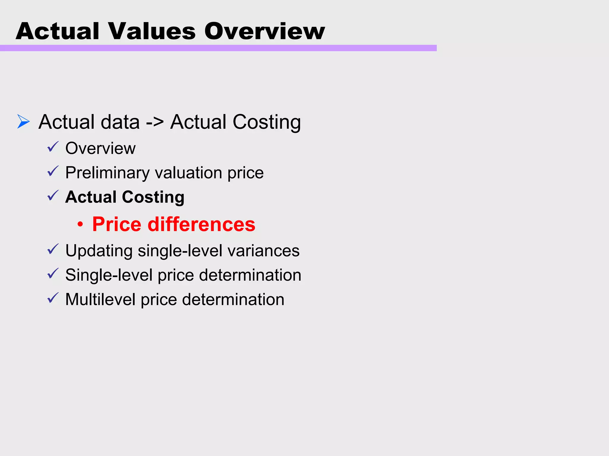 Actual Values Overview
Actual data -> Actual Costing
Overview
Preliminary valuation price
Actual Costing
• Price differences
Updating single-level variances
Single-level price determination
Multilevel price determination
 