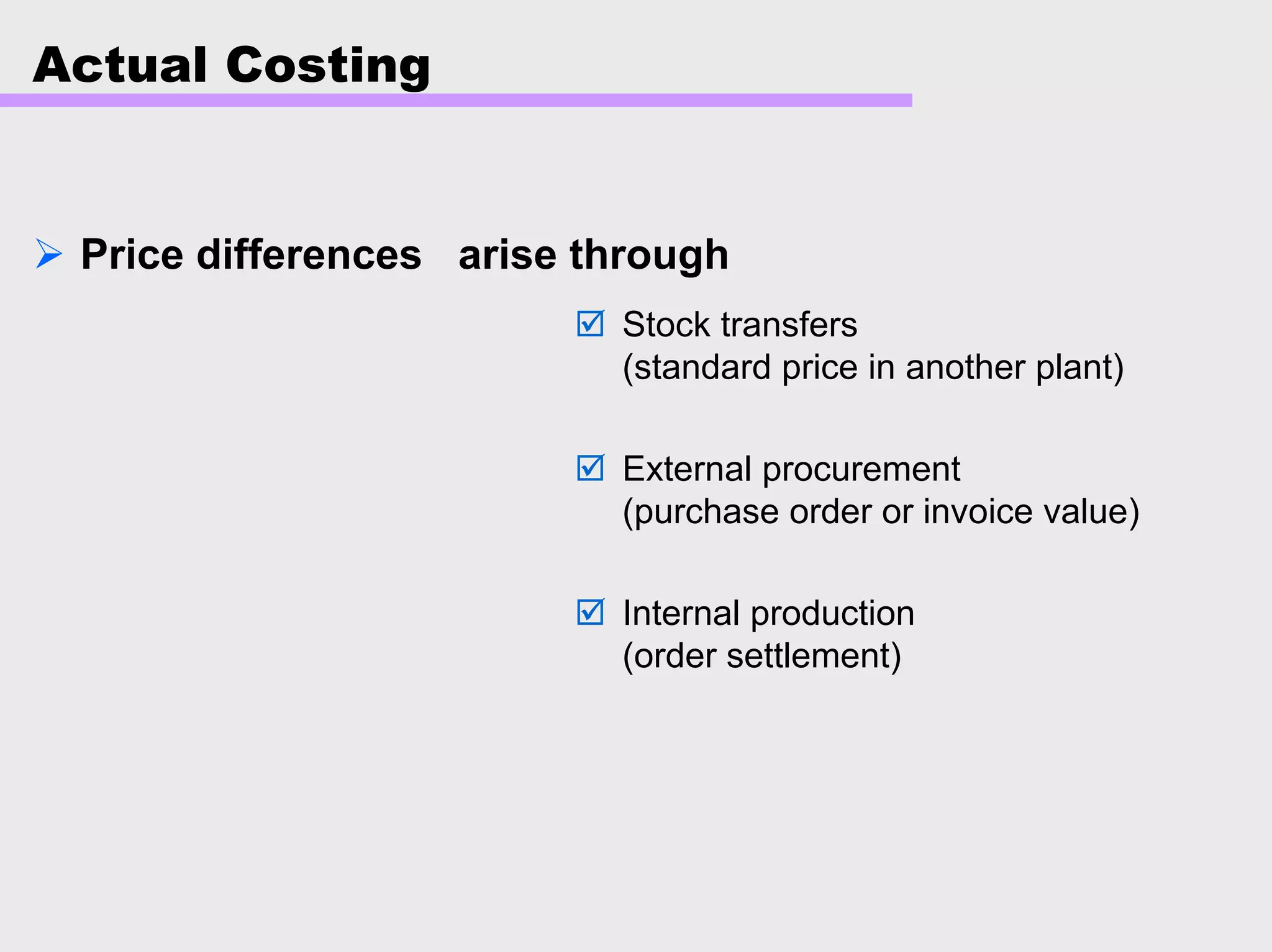 Actual Costing
Price differences arise through
Stock transfers
(standard price in another plant)
External procurement
(purchase order or invoice value)
Internal production
(order settlement)
 