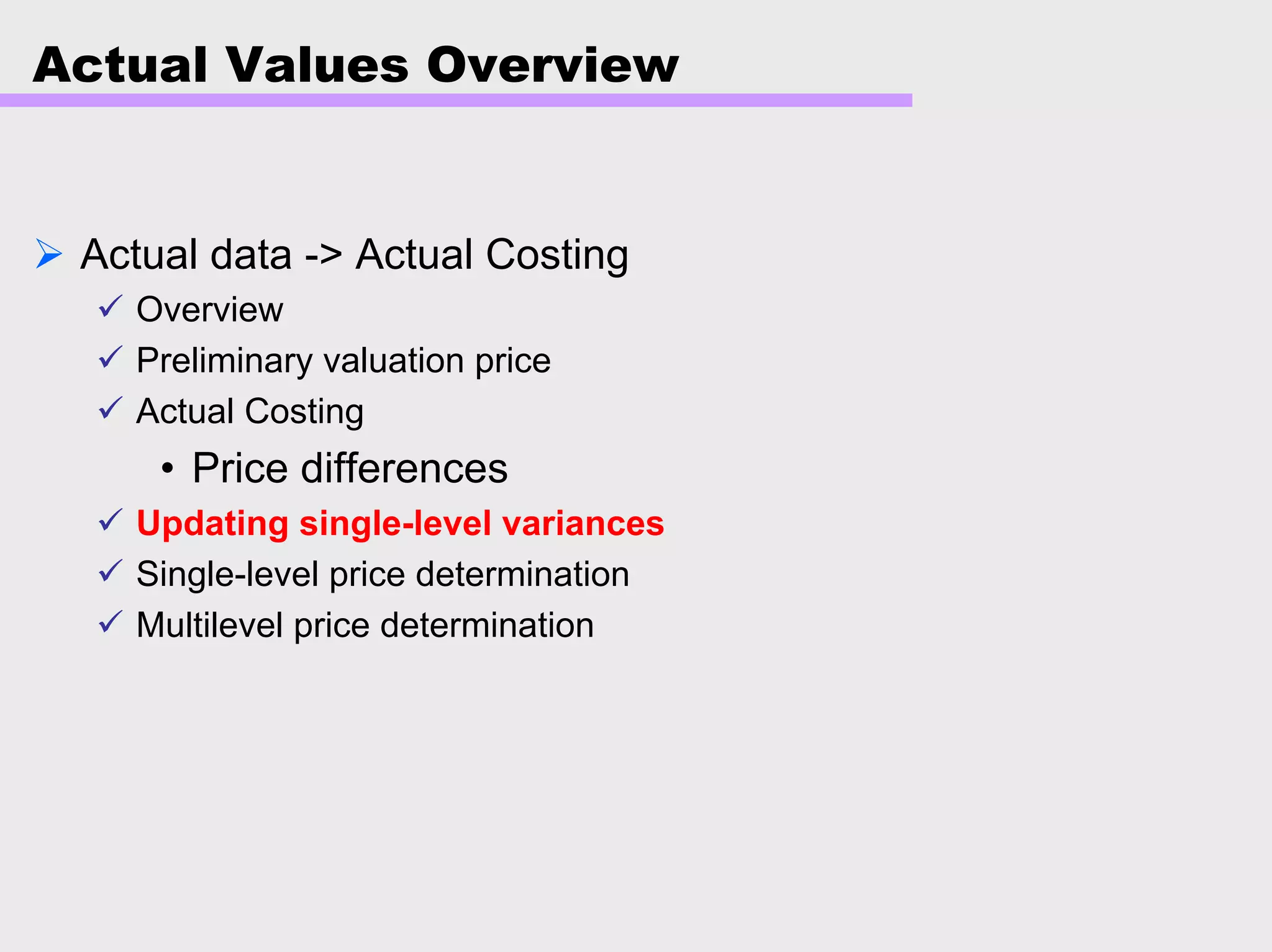 Actual Values Overview
Actual data -> Actual Costing
Overview
Preliminary valuation price
Actual Costing
• Price differences
Updating single-level variances
Single-level price determination
Multilevel price determination
 