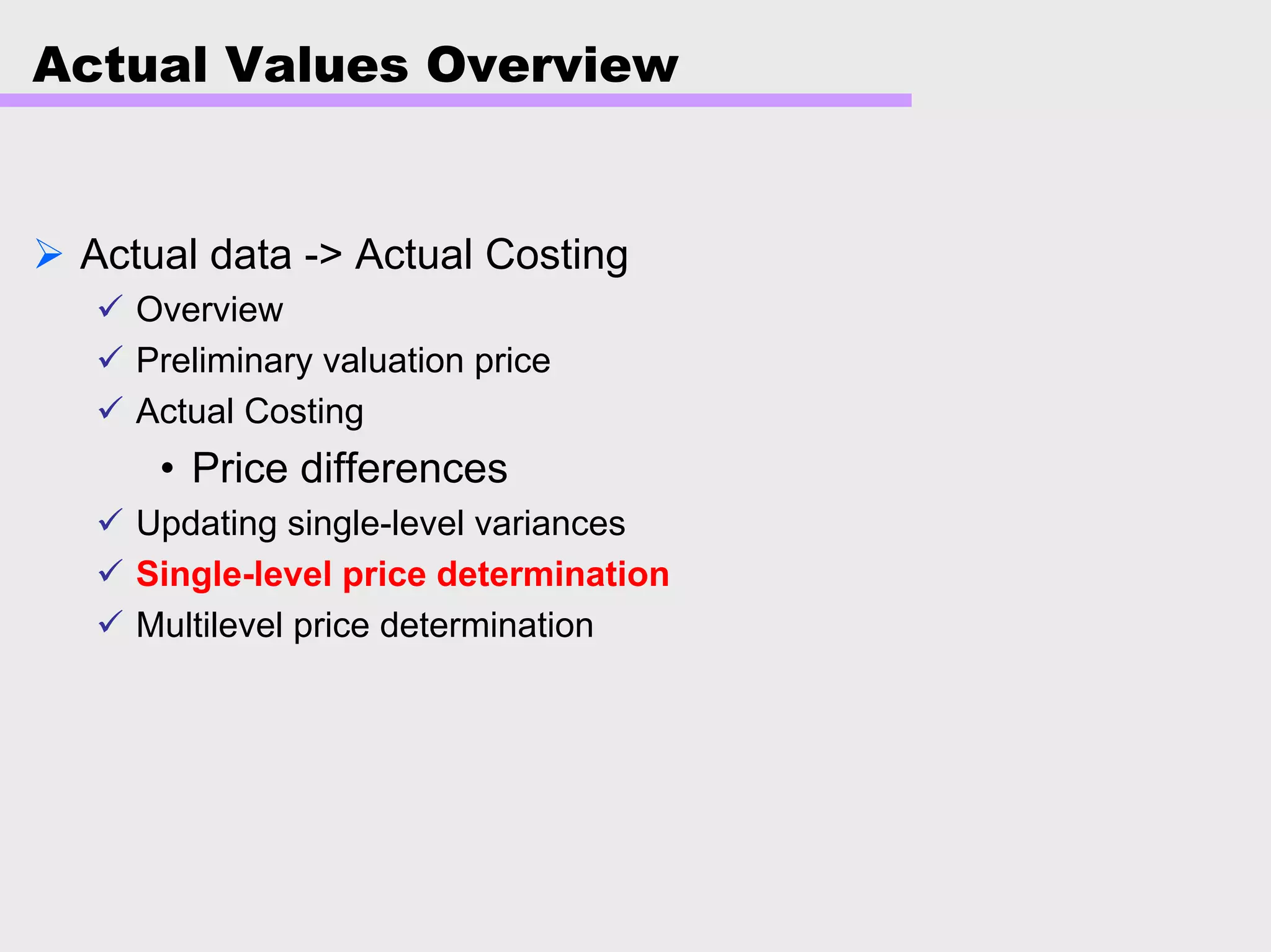 Actual Values Overview
Actual data -> Actual Costing
Overview
Preliminary valuation price
Actual Costing
• Price differences
Updating single-level variances
Single-level price determination
Multilevel price determination
 