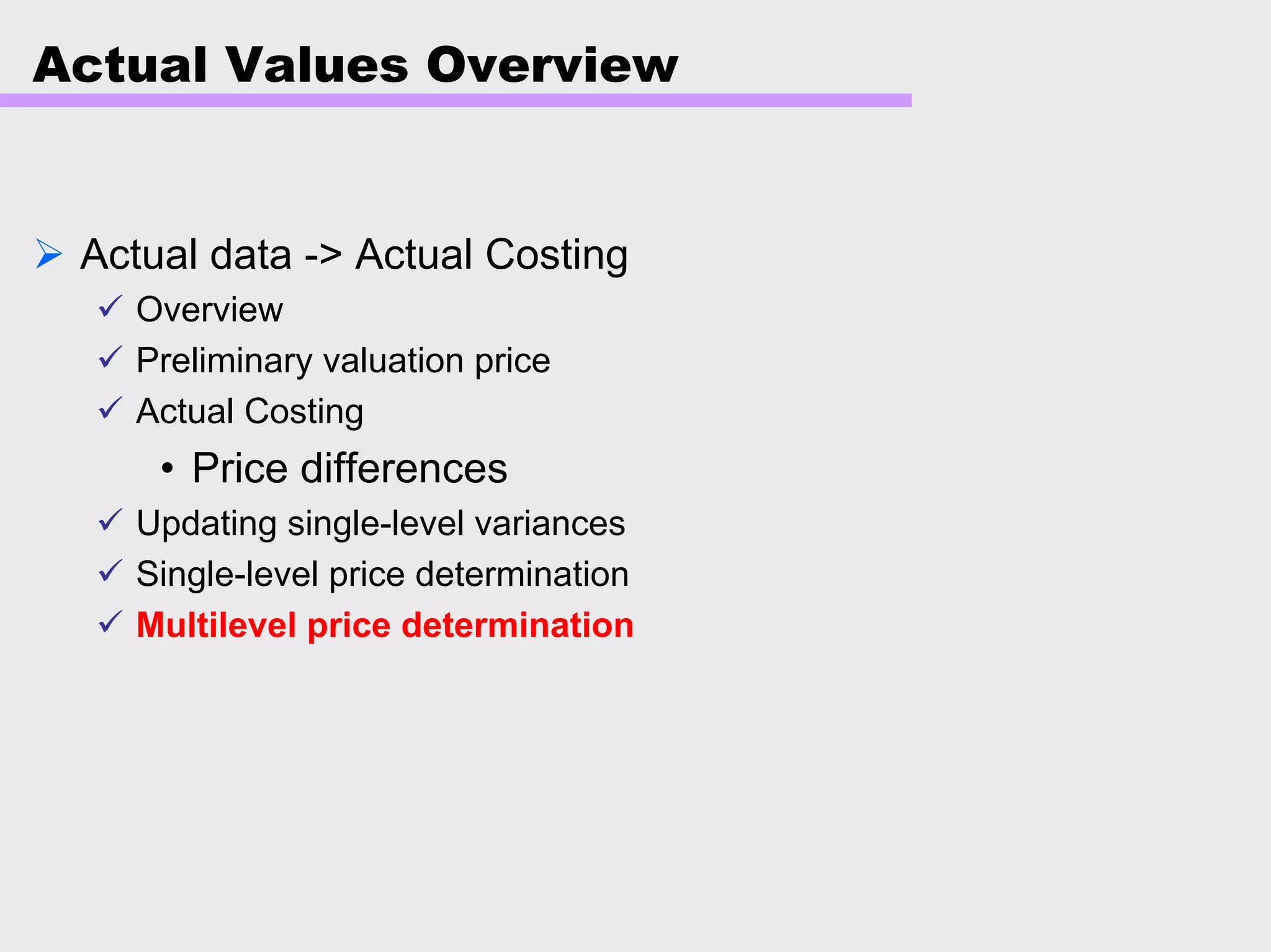 Actual Values Overview
Actual data -> Actual Costing
Overview
Preliminary valuation price
Actual Costing
• Price differences
Updating single-level variances
Single-level price determination
Multilevel price determination
 