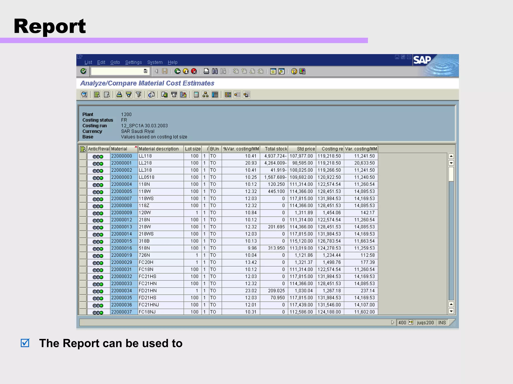 Report
The Report can be used to
 