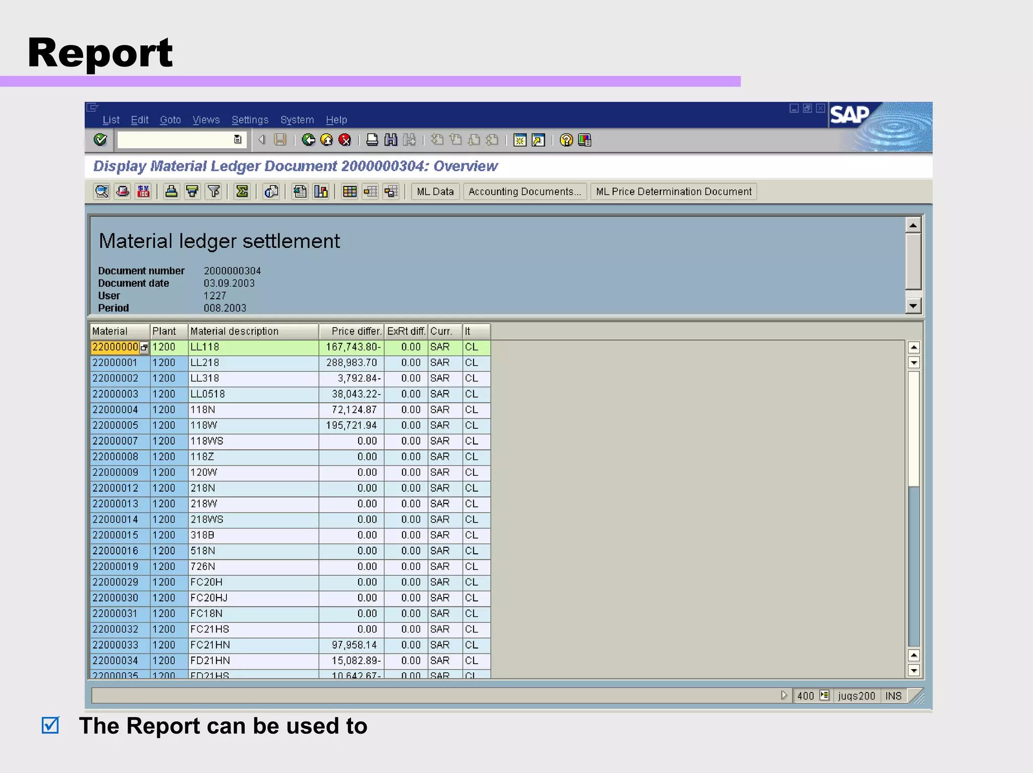 Report
The Report can be used to
 