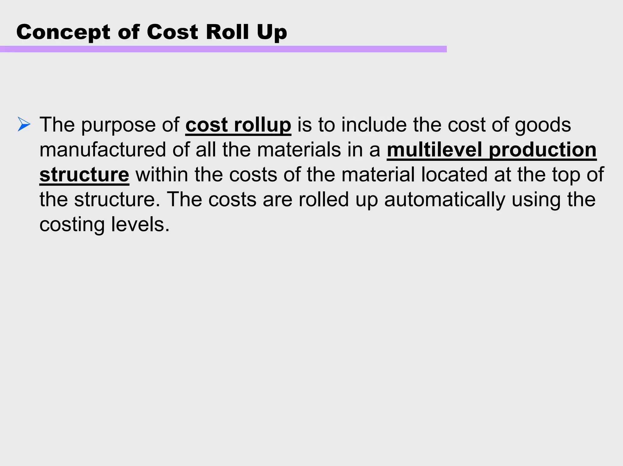Concept of Cost Roll Up
The purpose of cost rollup is to include the cost of goods
manufactured of all the materials in a multilevel production
structure within the costs of the material located at the top of
the structure. The costs are rolled up automatically using the
costing levels.
 