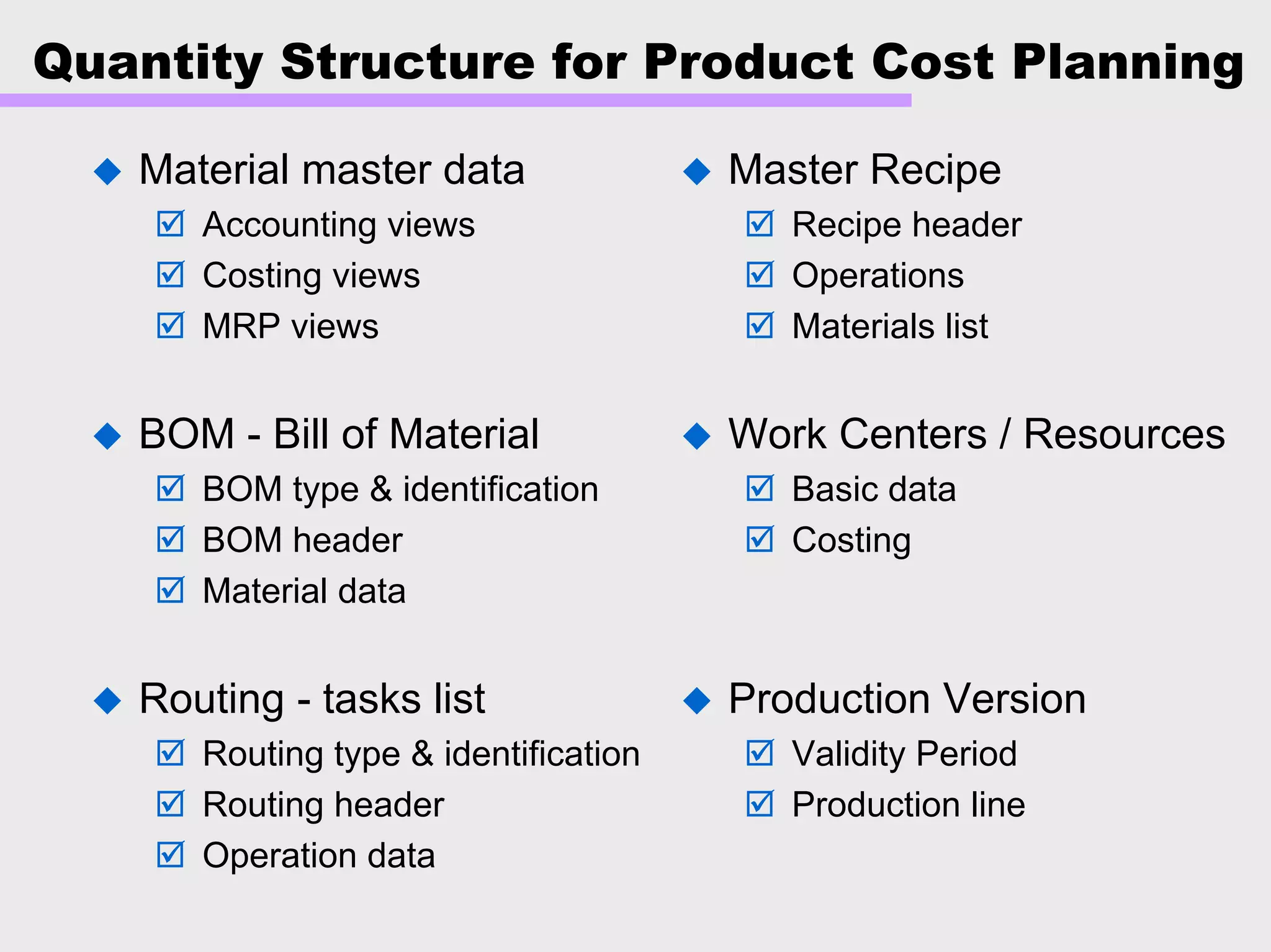 Quantity Structure for Product Cost Planning
Material master data
Accounting views
Costing views
MRP views
BOM - Bill of Material
BOM type & identification
BOM header
Material data
Routing - tasks list
Routing type & identification
Routing header
Operation data
Master Recipe
Recipe header
Operations
Materials list
Work Centers / Resources
Basic data
Costing
Production Version
Validity Period
Production line
 