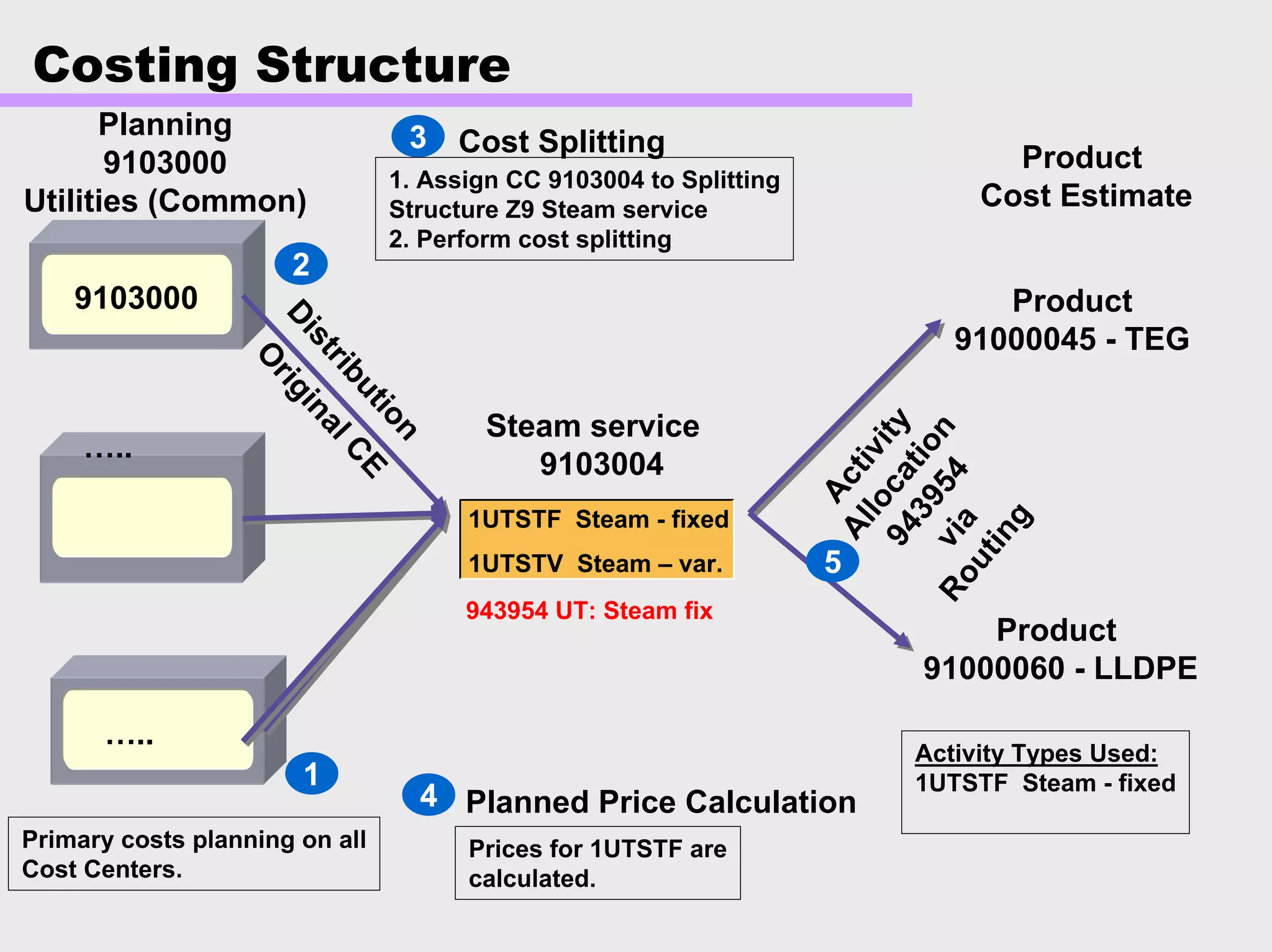 Costing Structure
Steam service
9103004
943954 UT: Steam fix
Product
91000045 - TEG
Product
91000060 - LLDPE
9103000
…..
…..
Distribution
Activity
Allocation
943954viaRouting
Cost Splitting
Planning
9103000
Utilities (Common)
Product
Cost Estimate
Activity Types Used:
1UTSTF Steam - fixed
O
riginalCE
1UTSTF Steam - fixed
1UTSTV Steam – var.
2
3
5
Primary costs planning on all
Cost Centers.
1
Planned Price Calculation
Prices for 1UTSTF are
calculated.
4
1. Assign CC 9103004 to Splitting
Structure Z9 Steam service
2. Perform cost splitting
 