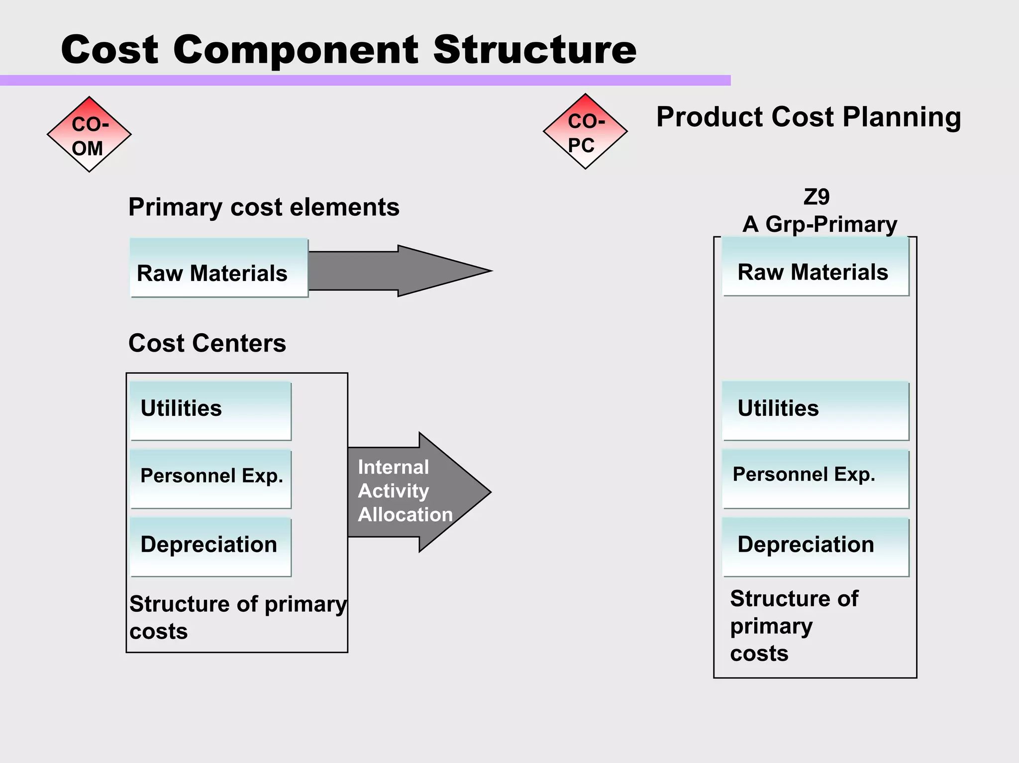 Cost Component Structure
Raw Materials
Utilities
Personnel Exp.
Depreciation
Primary cost elements
Product Cost Planning
Cost Centers
Utilities
Personnel Exp.
Depreciation
Structure of primary
costs
CO-
PC
CO-
OM
Raw Materials
Internal
Activity
Allocation
Structure of
primary
costs
Z9
A Grp-Primary
 