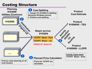 Costing Structure
Steam service
9103004
943954 UT: Steam fix
Product
91000045 - TEG
Product
91000060 - LLDPE
9103000
…..
…..
Distribution
Activity
Allocation
943954viaRouting
Cost Splitting
Planning
9103000
Utilities (Common)
Product
Cost Estimate
Activity Types Used:
1UTSTF Steam - fixed
O
riginalCE
1UTSTF Steam - fixed
1UTSTV Steam – var.
2
3
5
Primary costs planning on all
Cost Centers.
1
Planned Price Calculation
Prices for 1UTSTF are
calculated.
4
1. Assign CC 9103004 to Splitting
Structure Z9 Steam service
2. Perform cost splitting
 