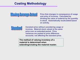 Costing Methodology
The method of valuing inventory of a
material is determined when
extending/creating the material master.
Price that changes in consequence of usage
and entry of invoices. Calculated by
dividing the value of material by the quantity
in stock. Automatically recalculated based
on activity.
Constant price without considering usage or
invoices. Material stock valued at the same
price over an extended period. Price
variances are posted to price difference
accounts; not affecting the standard price.
 