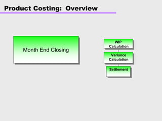 Product Costing: Overview
Month End ClosingMonth End Closing
Settlement
Variance
Calculation
WIP
Calculation
 