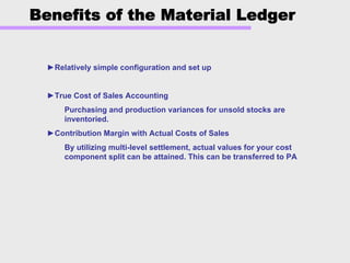 Benefits of the Material Ledger
►Relatively simple configuration and set up
►True Cost of Sales Accounting
Purchasing and production variances for unsold stocks are
inventoried.
►Contribution Margin with Actual Costs of Sales
By utilizing multi-level settlement, actual values for your cost
component split can be attained. This can be transferred to PA
 