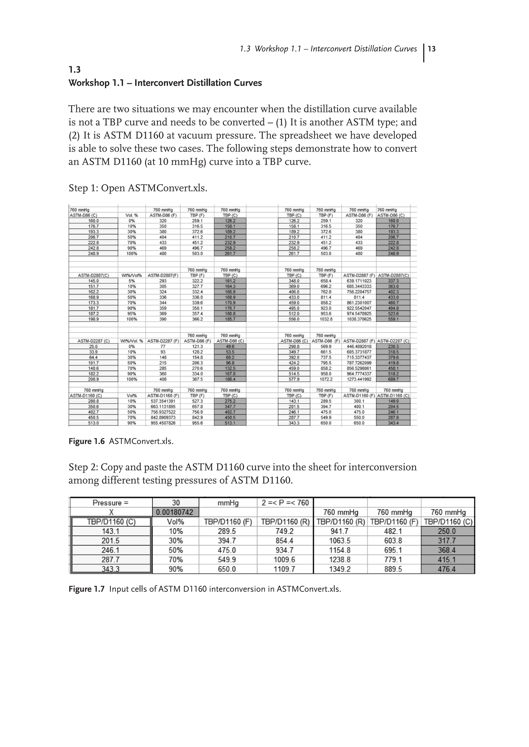 13
1.3 Workshop 1.1 – Interconvert Distillation Curves
1.3
Workshop 1.1 – Interconvert Distillation Curves
There are two situations we may encounter when the distillation curve available
is not a TBP curve and needs to be converted – (1) It is another ASTM type; and
(2) It is ASTM D1160 at vacuum pressure. The spreadsheet we have developed
is able to solve these two cases. The following steps demonstrate how to convert
an ASTM D1160 (at 10 mmHg) curve into a TBP curve.
Step 1: Open ASTMConvert.xls.
Figure 1.6 ASTMConvert.xls.
Step 2: Copy and paste the ASTM D1160 curve into the sheet for interconversion
among different testing pressures of ASTM D1160.
Figure 1.7 Input cells of ASTM D1160 interconversion in ASTMConvert.xls.
 