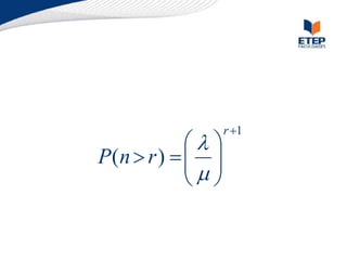 1
)
(











r
r
n
P


Probabilidade de que o número de clientes no
sistema seja superior a um certo valor r:
 