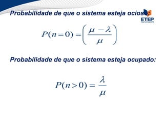 






 





)
0
(n
P
Probabilidade de que o sistema esteja ocioso:
Probabilidade de que o sistema esteja ocupado:



 )
0
(n
P
 