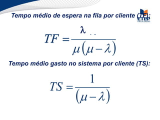Tempo médio de espera na fila por cliente (TF):
Tempo médio gasto no sistema por cliente (TS):
 

 

1
TS
 






TF
 






TF

 
