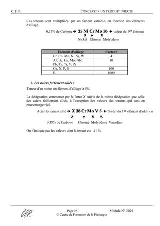 C. F. P. CONCEVOIR UN PRODUIT INJECTE
Page 26 Module N° 2029
© Centre de Formation de la Plasturgie
Ces teneurs sont multipliées, par un facteur variable, en fonction des éléments
d'alliage.
0,35% de Carbone è 35 Ni Cr Mo 16 ç valeur du 1er élément
ì é ë
Nickel Chrome Molybdène
Elément d'alliage Facteur
Cr, Co, Mn, Ni, Si, W 4
Al, Be, Cu, Mo, Nb,
Pb, Ta, Ti, V, Zr
10
Ce, N, P, S 100
B 1000
3. Les aciers fortement alliés :
Teneur d'au moins un élément d'alliage ≥ 5%.
La désignation commence par la lettre X suivie de la même désignation que celle
des aciers faiblement alliés, à l'exception des valeurs des teneurs qui sont en
pourcentage réel.
Acier fortement allié è X 38 Cr Mo V 5 ç % réel du 1er élément d'addition
ì é ë ë
0,38% de Carbone Chrome Molybdène Vanadium
On n'indique pas les valeurs dont la teneur est 〈 à 1%.
 