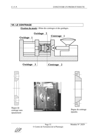 C. F. P. CONCEVOIR UN PRODUIT INJECTE
Page 32 Module N° 2029
© Centre de Formation de la Plasturgie
VII. LE CENTRAGE
Fixation du moule : Bilan des centrages et des guidages.
Bague de
centrage sans
épaulement
Bague de centrage
épaulée.
 