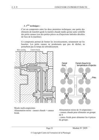 C. F. P. CONCEVOIR UN PRODUIT INJECTE
Page 55 Module N° 2029
© Copyright Centre de Formation de la Plasturgie
3. 3ème
technique :
C'est un compromis entre les deux premières techniques; une partie des
éléments de transfert garde la matière chaude tandis qu'une autre solidifie
des petits canaux (cas des petites pièces ou d'injections latérales décalées
de l'axe de la machine).
Ce compromis permet de limiter les investissements, notamment sur les
busettes. Les petits canaux ne produisants que peu de déchet, ne
perturbent pas le temps de refroidissement.
Canal chaudMini carotte
Moule multi-empreintes
Alimentation mixte : canaux chauds + canaux
froids
Canal chaud à la
température d'injection
Pièce
Canal
froid
Alimentation mixte de 16 empreintes :
- canaux chauds pour alimenter un groupe
de 4
- canux froids pour alimenter les 4 pièces
du groupe.
 