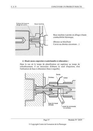C. F. P. CONCEVOIR UN PRODUIT INJECTE
Page 57 Module N° 2029
© Copyright Centre de Formation de la Plasturgie
Buse machineEmbout de buse en
alliage de cuivre
Buse machine à pointe en alliage à haute
conductibilité thermique.
(Bronze au béryllium
Cuivre au chrome-zirconium…)
4. Moule mono empreinte à antichambre à obturation :
Dans le cas où le temps de plastification est supérieur au temps de
refroidissement, il est nécessaire d'obturer le seuil d'injection, d'où
l'utilisation de buse à obturateur (buse à aiguille).
Levier de commande
du pointeau
Buse de moule
refroidie
Pointeau
Sonde
Collier
 