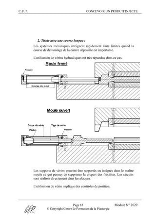 C. F. P. CONCEVOIR UN PRODUIT INJECTE
Page 85 Module N° 2029
© Copyright Centre de Formation de la Plasturgie
2. Tiroir avec une course longue :
Les systèmes mécaniques atteignent rapidement leurs limites quand la
course de démoulage de la contre dépouille est importante.
L'utilisation de vérins hydrauliques est très répandue dans ce cas.
Course de recul
Pression
Moule fermé
Pression
Moule ouvert
Piston
Tige de vérinCorps du vérin
Les supports de vérins peuvent être rapportés ou intégrés dans le maître
moule ce qui permet de supprimer la plupart des flexibles. Les circuits
sont réaliser directement dans les plaques.
L'utilisation de vérin implique des contrôles de position.
 