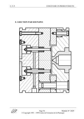C. F. P. CONCEVOIR UN PRODUIT INJECTE
Page 94 Module N° 2029
© Copyright 1993 – 1999 Centre de Formation de la Plasturgie
E. EJECTION PAR SOUPAPES
 
