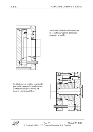C. F. P. CONCEVOIR UN PRODUIT INJECTE
Page 97 Module N° 2029
© Copyright 1993 – 1999 Centre de Formation de la Plasturgie
L'utilisation de butées latérales fixées
sur le plateau d'éjection, permet de
compacter le moule.
La dévêtisseuse peu être commandée
par vérins incorporés dans le moule;
c'est le cas lorsque le moule est
inversé (éjection coté fixe).
 