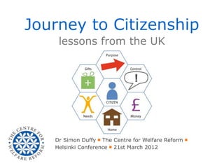 Journey to Citizenship
    lessons from the UK




   Dr Simon Duffy ￭ The Centre for Welfare Reform ￭
   Helsinki Conference ￭ 21st March 2012
 