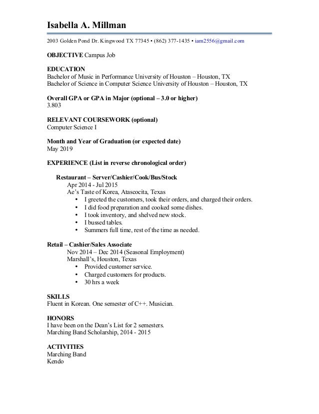 college campus job resume isabella a millman 2003 golden pond dr kingwood tx 77345 862 - On Campus Job Resume college campus job resume isabella a millman 2003 golden pond dr kingwood tx 77345 862 - On Campus Job Resume