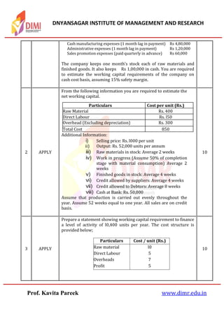 DNYANSAGAR INSTITUTE OF MANAGEMENT AND RESEARCH
Prof. Kavita Pareek www.dimr.edu.in
Cash manufacturing expenses (1 month lag in payment) Rs 4,80,000
Administrative expenses (1 month lag in payment) Rs 1,20,000
Sales promotion expenses (paid quarterly in advance) Rs 60,000
The company keeps one month’s stock each of raw materials and
finished goods. It also keeps Rs 1,00,000 in cash. You are required
to estimate the working capital requirements of the company on
cash cost basis, assuming 15% safety margin.
2 APPLY
From the following information you are required to estimate the
net working capital.
Additional Information:
i) Selling price: Rs. l000 per unit
ii) Output: Rs. 52,000 units per annum
iii) Raw materials in stock: Average 2 weeks
iv) Work in progress (Assume 50% of completion
stage with material consumption) Average 2
weeks
v) Finished goods in stock: Average 4 weeks
vi) Credit allowed by suppliers: Average 4 weeks
vii) Credit allowed to Debtors: Average 8 weeks
viii) Cash at Bank: Rs. 50,000
Assume that production is carried out evenly throughout the
year. Assume 52 weeks equal to one year. All sales are on credit
basis.
Particulars Cost per unit (Rs.)
Raw Material Rs. 400
Direct Labour Rs. l50
Overhead (Excluding depreciation) Rs. 300
Total Cost 850
10
3 APPLY
Prepare a statement showing working capital requirement to finance
a level of activity of l0,400 units per year. The cost structure is
provided below;
Particulars Cost / unit (Rs.)
Raw material l0
Direct Labour 5
Overheads 7
Profit 5
10
 
