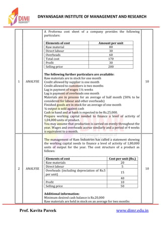 DNYANSAGAR INSTITUTE OF MANAGEMENT AND RESEARCH
Prof. Kavita Pareek www.dimr.edu.in
1 ANALYSE
A Proforma cost sheet of a company provides the following
particulars:
Elements of cost Amount per unit
Raw material 80
Direct labour 30
Overheads 60
Total cost 170
Profit 30
Selling price 200
The following further particulars are available:
Raw materials are in stock for one month
Credit allowed by supplier is one month
Credit allowed to customers is two months
Lag in payment of wages 1½ weeks
Lag is payment of overheads one month
Materials are in process for an average of half month (50% to be
considered for labour and other overheads)
Finished goods are in stock for an average of one month
¼ output is sold against cash
Cash in hand and at bank is expected to be Rs.25,000.
Prepare working capital needed to finance a level of activity of
1,04,000 units of product.
You may assume that production is carried on evenly throughout the
year. Wages and overheads accrue similarly and a period of 4 weeks
is equivalent to a month.
10
2 ANALYSE
The management of Ram Industries has called a statement showing
the working capital needs to finance a level of activity of 1,80,000
units of output for the year. The cost structure of a product as
follows:
Elements of cost Cost per unit (Rs.)
Raw materials 20
Direct labour 5
Overheads (including depreciation of Rs.5
per unit)
15
40
Profit 10
Selling price 50
Additional information:
Minimum desired cash balance is Rs.20,000
Raw materials are held in stock on an average for two months
10
 