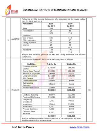 DNYANSAGAR INSTITUTE OF MANAGEMENT AND RESEARCH
Prof. Kavita Pareek www.dimr.edu.in
3
ANALYSE
Following are the Income Statements of a company for the years ending
Dec., 31, 2018 and 2019:
Particulars 2018
Rs. ,000
2019
Rs. ,000
Sales 500 700
Misc. Income 20 15
520 715
Expenses
Cost of Sales 325 510
Office expenses 20 25
Selling expenses 30 45
Interest 25 30
400 610
Net Profit 120 105
520 715
Analyse the financial position of XYZ Ltd. Using Common Size Income
Statements.
10
1 EVALUATE
The Balance Sheets of S & Co. and K & Co. are given as follows:
Liabilities S & Co. Rs. K & Co. Rs.
Preference Share
Capital
1,20,000 1,60,000
Equity Share Capital 1,50,000 4,00,000
Reserve & Surpluses 14,000 18,000
Long-term Loans 1,15,000 1,30,000
Bills Payable 2,000 --
Sundry Creditors 12,000 4,000
Outstanding
Expenses
15,000 6,000
Proposed Dividend 10,000 90,000
4,38,000 8,08,000
Land and Building 80,000 1,23,000
Plant and Machinery 3,34,000 6,00,000
Temporary
Investment
1,000 40,000
Inventories 10,000 25,000
Book-Debts 4,000 8,000
Prepaid Expenses 1,000 2,000
Cash and Bank
Balances
8,000 10,000
4,38,000 8,08,000
Analyse and Compare the Financial position of two companies with the
help of common size balance sheet.
10
 