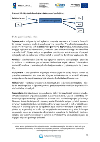Projekt „Model systemu wdrażania i upowszechniania kształcenia na odległość w uczeniu się przez całe życie”
Projekt współfinansowany ze środków Unii Europejskiej w ramach Europejskiego Funduszu Społecznego
Podstawy sporządzania potraw i napojów
12
Schemat 3.1. Utlenianie komórkowe, jako proces kataboliczny
Substancje org. CO2
Źródło: opracowanie własne autora
Dojrzewanie – odbywa się pod wpływem enzymów zawartych w tkankach. Prowadzi
do poprawy wyglądu, smaku i zapachu warzyw i owoców. W większości przypadków
celem przechowywania jest zahamowanie procesów dojrzewania. Czynnikami, które
mogą je regulować są: temperatura, zawartość tlenu i dwutlenku węgla w atmosferze
oraz wilgotność. Dlatego jednym ze sposobów zapobiegania jest stosowanie odpowied-
nich opakowań, np. pakowanie próżniowe lub w atmosferze dwutlenku węgla, azotu itd.
Autoliza – samotrawienie, zachodzi pod wpływem enzymów autolitycznych i prowadzi
do rozkładu składników odżywczych wewnątrz komórek. W początkowej fazie zwiększa
strawność środków żywnościowych, ale dalej posunięta przyspiesza psucie się żywno-
ści.
Wysychanie – jest zjawiskiem fizycznym prowadzącym do utraty wody z tkanek, co
powoduje wiotczenie i kurczenie się. Wpływa to niekorzystnie na wartość odżywczą
warzyw i owoców, zmniejsza zawartość witaminy C, obniża jakość surowców.
Kiełkowanie – występuje w surowcach roślinnych. Jest to zjawisko niepożądane i nale-
ży mu zapobiegać lub je opóźniać poprzez przechowywanie surowców w pomieszcze-
niach chłodnych i suchych.
Fermentacja jest zjawiskiem niepożądanym. Należy jej zapobiegać poprzez przecho-
wywanie surowców w pomieszczeniach chłodnych i suchych. Czasem fermentację wy-
korzystuje się w technologii żywności do przetwarzania surowców spożywczych, mody-
fikowania i utrwalania żywności, otrzymywania składników odżywczych itd. Korzysta-
my wtedy z działalności życiowej drobnoustrojów występujących w nich w sposób natu-
ralny, np. w kiszonej kapuście czy ogórkach, bądź celowo dodawanych w postaci szcze-
pionek, np. w produkcji sera, mlecznych napojów fermentowanych czy wina. Dalsze po-
stępowanie polega na stworzeniu odpowiednich warunków do działalności drobnou-
strojów, aby zamierzone zmiany w surowcu i żywności były jak najkorzystniejsze ze
względu na jakość gotowego produktu.
H2O
ATP
O2
Utlenianie biologiczne
 