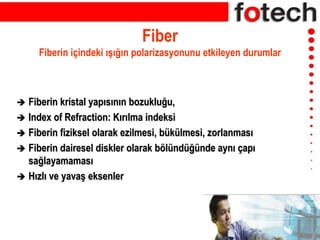 Fiber
Fiberin içindeki ışığın polarizasyonunu etkileyen durumlar
 Fiberin kristal yapısının bozukluğu,
 Index of Refraction: Kırılma indeksi
 Fiberin fiziksel olarak ezilmesi, bükülmesi, zorlanması
 Fiberin dairesel diskler olarak bölündüğünde aynı çapı
sağlayamaması
 Hızlı ve yavaş eksenler
 