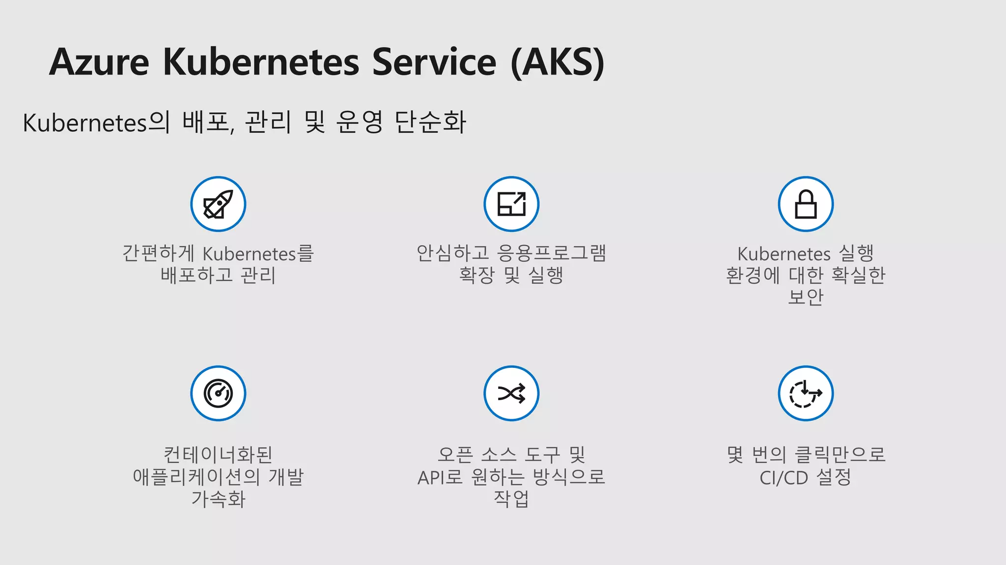 간편하게 Kubernetes를
배포하고 관리
안심하고 응용프로그램
확장 및 실행
Kubernetes 실행
환경에 대한 확실한
보안
컨테이너화된
애플리케이션의 개발
가속화
오픈 소스 도구 및
API로 원하는 방식으로
작업
몇 번의 클릭만으로
CI/CD 설정
 