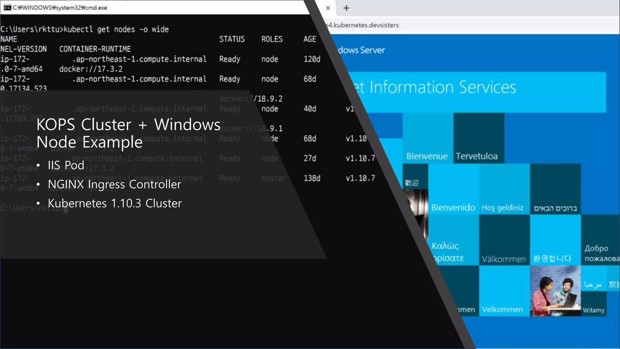 KOPS Cluster + Windows
Node Example
• IIS Pod
• NGINX Ingress Controller
• Kubernetes 1.10.3 Cluster
 