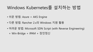 Windows Kubernetes를 설치하는 방법
• 쉬운 방법: Azure + AKS Engine
• 다른 방법: Rancher 2.x의 Windows 지원 활용
• 어려운 방법: Microsoft SDN Script (with Reverse Engineering)
+ Win-Bridge + IPAM + 장인정신
 