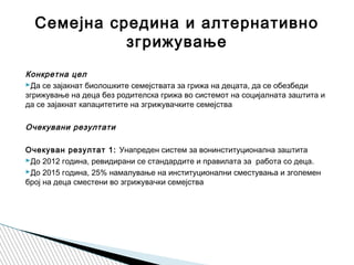 Конкретна цел 
Да се ​​зајакнат биолошките семејствата за грижа на децата, да се обезбеди
згрижување на деца без родителска грижа во системот на социјалната заштита и
да се зајакнат капацитетите на згрижувачките семејства
Очекувани резултати
 
Очекуван резултат 1: Унапреден систем за вонинституционална заштита
До 2012 година, ревидирани се стандардите и правилата за работа со деца.
До 2015 година, 25% намалување на институционални сместувања и зголемен
број на деца сместени во згрижувачки семејства
Семејна средина и алтернативно
згрижување
 