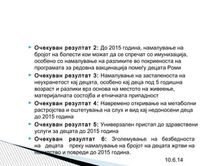 10.6.14
 Очекуван резултат 2: До 2015 година, намалување на
бројот на болести кои можат да се спречат со имунизација,
особено со намалување на разликите во покриеноста на
програмата за редовна вакцинација помеѓу децата Роми
 Очекуван резултат 3: Намалување на застапеноста на
неухранетост кај децата, особено кај деца под 5 годишна
возраст и разлики врз основа на местото на живеење,
материјалната состојба и етничката припадност
 Очекуван резултат 4: Навремено откривање на метаболни
растројства и оштетувања на слух и вид кај недоносени деца
до 2015 година
 Очекуван резултат 5: Универзален пристап до здравствени
услуги за децата до 2015 година
 Очекуван резултат 6: Зголемување на безбедноста
на децата преку намалување на бројот на децата жртви на
насилство и повреди до 2015 година.
 