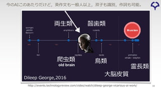 http://events.technologyreview.com/video/watch/dileep-george-vicarious-ai-work/
Dileep George,2016
両⽣類
爬⾍類
齧⻭類
⿃類
霊⻑類
⼤脳⽪質
今のAIこのあたりだけど，英作⽂も⼀般⼈以上，双⼦も識別，作詞も可能。
16
 