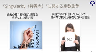 19
“Singularity（特異点）”に関する宗教論争
過去の種々技術進化速度を
根拠にした肯定派
実現⽅法は妄想レベルとして，
具体的な技術が存在しない否定派
 