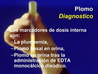 Plomo Diagnostico <ul><li>Los marcadores de dosis interna son:  </li></ul><ul><ul><li>La plumbemia,  </li></ul></ul><ul><u...