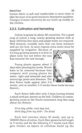 Natural Fibres 33
Cotton fabric is soft and comfortable to wear close to
skin because of its good moisture absorption qualities.
Charges of static electricity do not build up readily on
the clothes.
2.2.3. Cultivation and harvesting
Cotton is grown in about 80 countries. For a good
crop of cotton a long, sunny growing season with at
least 160 frost-free days and ample water are required.
Well drained, crumbly soils that can keep moisture
well are the best. In most regions extra water must be
supplied by irrigation. Because of
it's long growing season it is best to
plant early but not before the sun
has warmed the soil enough.
Young plants appear about 5
days after planting the seeds. Weeds
have to be removed because they
compete with young plants for
water, light and minerals and also
encourage pests and diseases. The
first flower buds appear after 5-6
weeks, and in another 3-5 weeks these buds become
flowers.
Each flower falls after only 3 days leaving behind
a small seed pot, known as the boll. Children in cotton-
growing areas in the South sometimes sing this song
about the flowers:
First day white, next day red,
third day from my birth - I'm dead.
Each boll contains about 30 seeds, and up to
500000 fibres of cotton. Each fibre grows its full length
in 3 weeks and for the following 4-7 weeks each fibre
gets thicker as layers of cellulose build up the
 