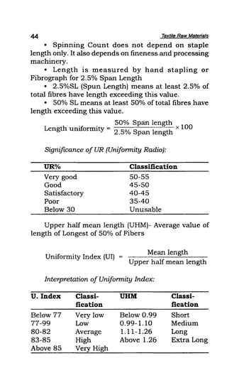 44 Textile Raw Materials
• Spinning Count does not depend on staple
length only. It also depends on fmeness and processing
machinery.
• Length is measured by hand stapling or
Fibrograph for 2.5% Span Length
• 2.5%SL (Spun Length) means at least 2.5% of
total fibres have length exceeding this value.
• 50% SL means at least 50% of total fibres have
length exceeding this value.
. . _ 50% Span length x 100
Length umformity - 2.5% Span length
Significance of UR (Uniformity Radio):
UR%
Very good
Good
Satisfactory
Poor
Below 30
Classification
50-55
45-50
40-45
35-40
Unusable
Upper half mean length (UHM)- Average value of
length of Longest of 50% of Fibers
Uniformity Index (UI) = Mean length
Upper half mean length
Interpretation of Uniformity Index:
U. Index Classi- UHM Classi-
fication fication
Below 77 Very low Below 0.99 Short
77-99 Low 0.99-1.10 Medium
80-82 Average 1.11-1.26 Long
83-85 High Above 1.26 Extra Long
Above 85 Very High
 