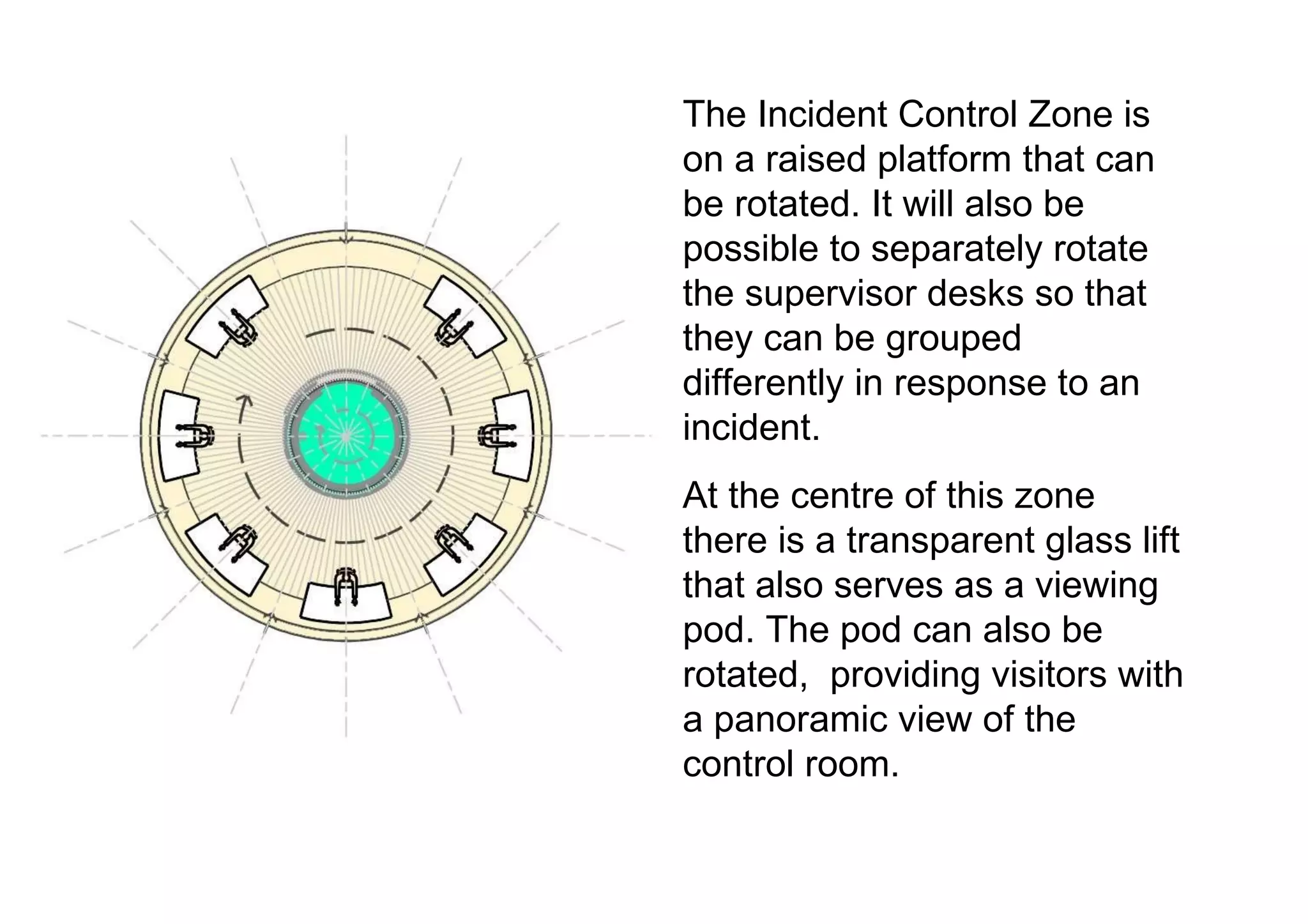 The Incident Control Zone is on a raised platform that can be rotated. It will also be possible to separately rotate the supervisor desks so that they can be grouped differently in response to an incident.  At the centre of this zone there is a transparent glass lift that also serves as a viewing pod. The pod can also be rotated,  providing visitors with a panoramic view of the control room.  
