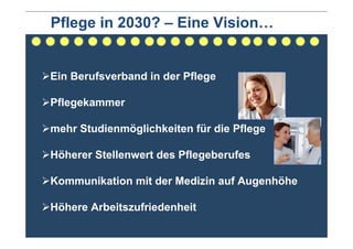 Pflege in 2030? – Eine Vision…


Ein Berufsverband in der Pflege

Pflegekammer

mehr Studienmöglichkeiten für die Pflege

Höherer Stellenwert des Pflegeberufes

Kommunikation mit der Medizin auf Augenhöhe

Höhere Arbeitszufriedenheit
 