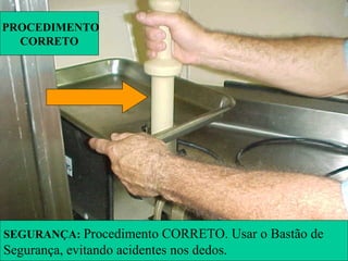 PROCEDIMENTO
CORRETO
SEGURANÇA: Procedimento CORRETO. Usar o Bastão de
Segurança, evitando acidentes nos dedos.
 