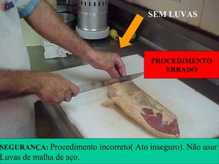 SEM LUVAS
SEGURANÇA: Procedimento incorreto( Ato inseguro). Não usar
Luvas de malha de aço.
PROCEDIMENTO
ERRADO
 
