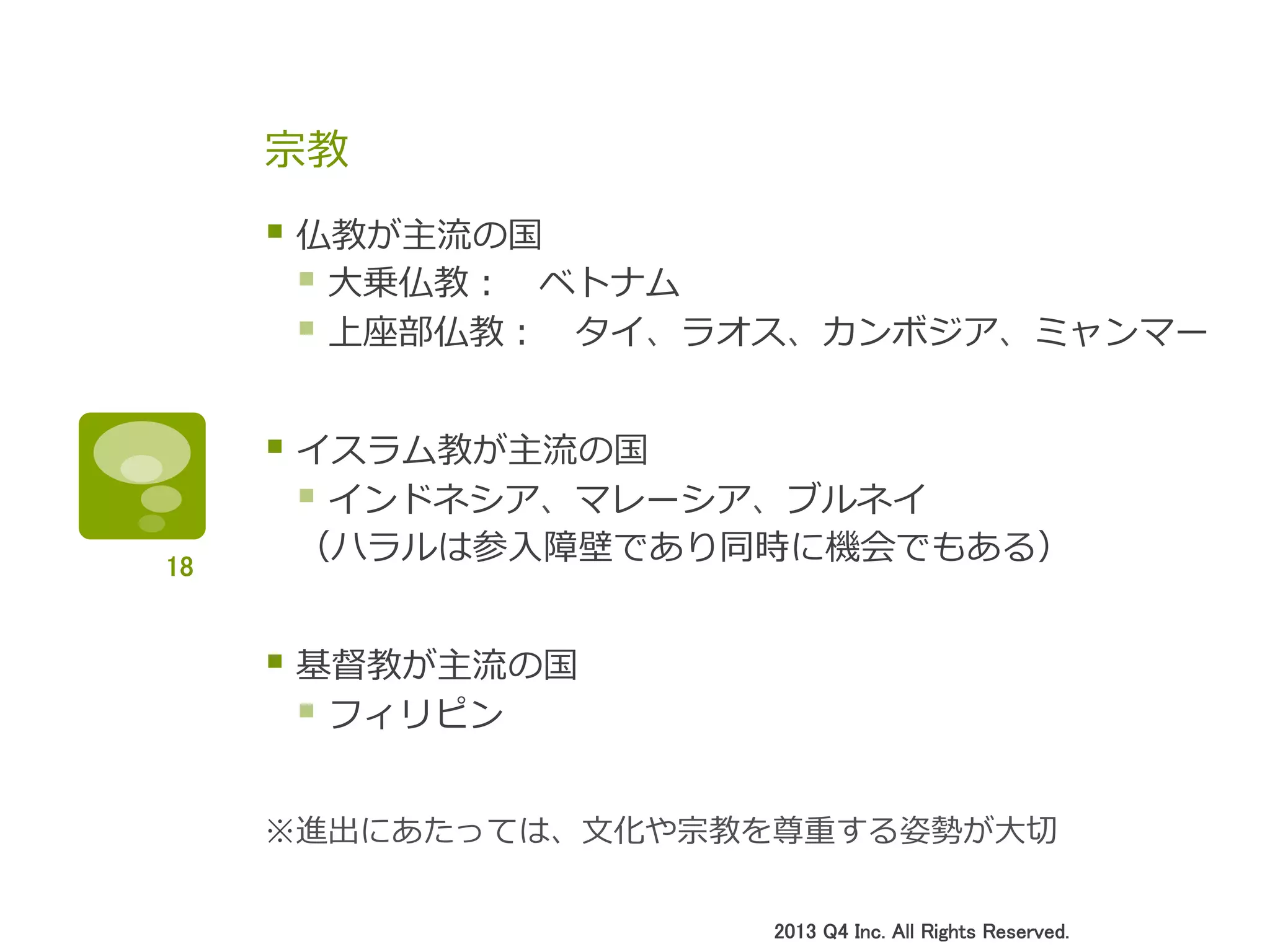 宗教
§ 仏教が主流流の国
§ ⼤大乗仏教： 　ベトナム
§ 上座部仏教： 　タイ、ラオス、カンボジア、ミャンマー
§ イスラム教が主流流の国
§ インドネシア、マレーシア、ブルネイ
（ハラルは参⼊入障壁であり同時に機会でもある）
§ 基督教が主流流の国
§ フィリピン
※進出にあたっては、⽂文化や宗教を尊重する姿勢が⼤大切切
2013 Q4 Inc. All Rights Reserved.	
18	
 